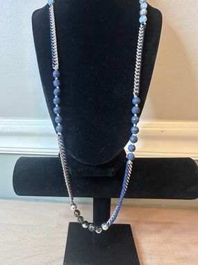 Blue Beaded Long Necklace with Silver Accents: convertible - Chloe and Isabel